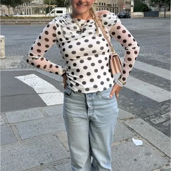 AFRM Black White Polkadot One Shoulder Mesh Top LARGE Ruched Sheer $48 - Picture 8 of 12